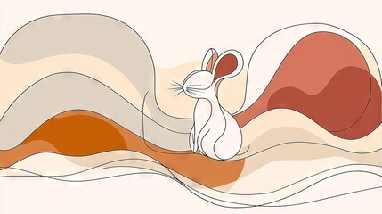 Poster -  An illustration of a snowy bunny perched atop an orange-pink-gray gradient tail