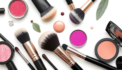 Set of makeup brushes with decorative cosmetics isolated on isolated with white highlights, png