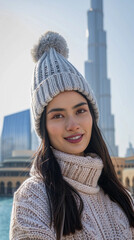 Poster - A woman wearing a knit hat and a white sweater is smiling at the camera. The hat has a pom pom on top, and the sweater is knitted. The woman is standing in front of a large building