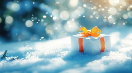 Sticker -   A white box with an orange ribbon and a bow on a snowy surface, bathed in bokeh light