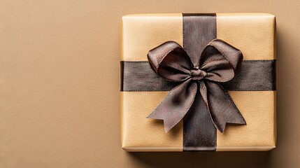 Poster -   A gift, encased in brown paper, adorned with a matching ribbon and crowned with a bow, rests atop a table