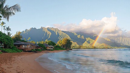 Wall Mural -   A rainbow glimmers in the sky above a sandy shore, with cozy houses in the foreground and majestic mountains behind