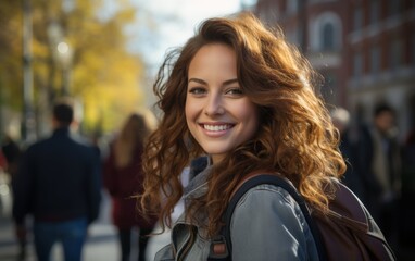 Poster - A woman with curly hair is smiling and wearing a backpack. She is surrounded by other people on a street