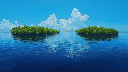 Poster -   A watercolor depiction of an isolated island surrounded by lush foliage in a tranquil body of water