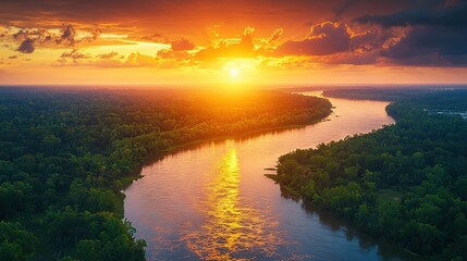   A river flows beside a dense forest, with a hilly backdrop bathed in vibrant orange and yellow sunlight during twilight