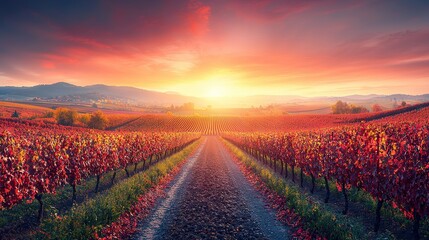 Sticker -  The sun sets over a vineyard with a path in the foreground and a field of flowers nearby