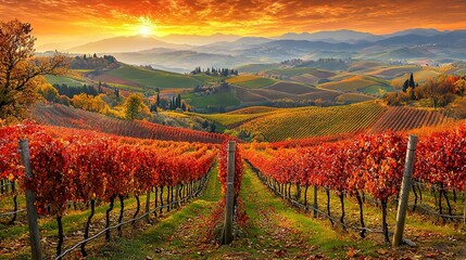 Canvas Print -  Sunset vineyard painting with red leaves on vines, trees in foreground, and mountains in background