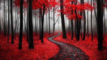 Poster -   Reddish forest trail surrounded by trees bearing red foliage below