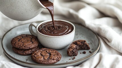   A white plate holds cookies and two cups of chocolate frosting