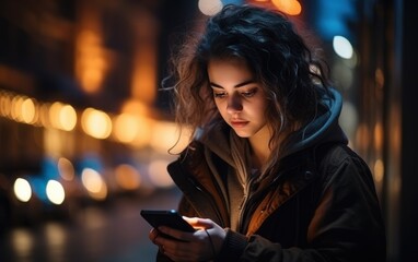 Wall Mural - A woman is looking at her cell phone while standing on a street. Concept of isolation and detachment, as the woman is focused on her phone rather than her surroundings