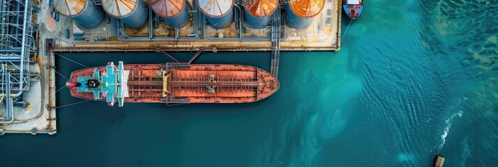 Wall Mural - Aerial view of cargo tanker and bulk carrier ship at a storage facility in the petrochemical energy transport industry.