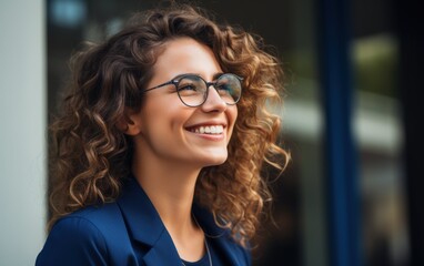 Wall Mural - A woman with curly hair is smiling and wearing glasses. She is wearing a blue jacket and a blue shirt