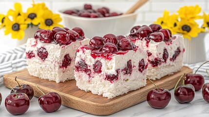 Poster -   A close-up image of a cherry-topped cake placed on a wooden cutting board against a backdrop of a red fruit bowl