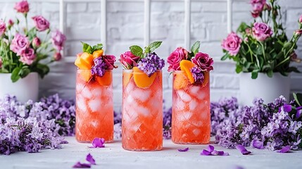 Poster -   Three tall vases, each holding diverse flowers, stand alongside a white brick wall adorned with purple and pink blossoms