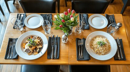 Sticker -   Wooden table with plates of food & a vase of tulips