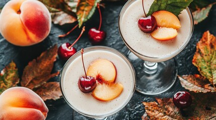 Wall Mural -  Two scoops of ice cream with cherries and peaches on an autumn-themed table surrounded by fallen leaves