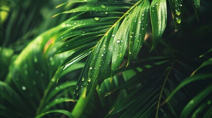 Canvas Print - Raindrops on tropical green leaf background with space for text nature theme