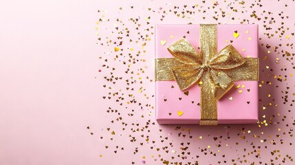 Sticker -   Pink gift box on a pink background, adorned with a gold bow & confetti sprinkles