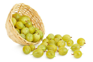 Wall Mural - Green gooseberry in a wicker basket isolated on white background with full depth of field.