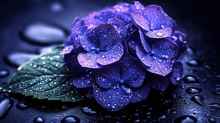 Sticker -   A detailed image of a purple flower with droplets of water on its petals, accompanied by a green leaf with similar droplets