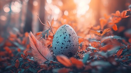 Poster -   A bird's egg nestled amidst a forest of leaves, with a butterfly perched atop it