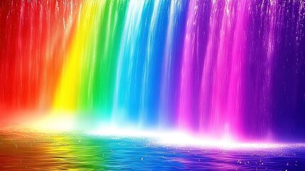 Canvas Print -   A colorful waterfall cascades into a reflective pool, mirroring the hues of the rainbow