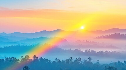 Poster -   A rainbow brightens the sky above a mountain range, framed by a forest in the foreground and a hazy background