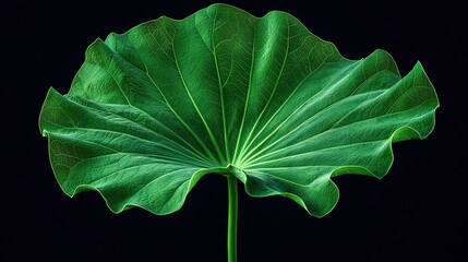 Poster -   Close-up of a giant green leaf against a black backdrop, with two black backgrounds surrounding it