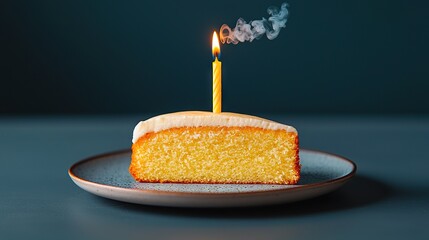 Poster -   A cake on a plate with a candle sticking out and emitting smoke