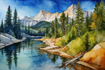 Jasper National Park, Canada. Mountain landscape with forest, river, and rocks. Watercolor illustration. Nature and wilderness concept