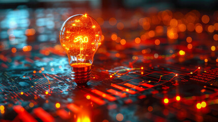 Poster - A glowing light bulb sits on a digital stock market background with colorful graphs and charts, symbolizing innovation and financial insight