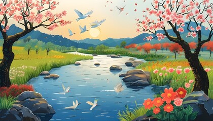 Wall Mural - The peaceful rivers and blooming flowers show the beautiful scenery of spring.