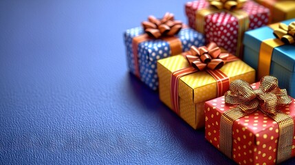 Poster -   A group of colorful, wrapped presents sits on top of a blue table with gold and red polka dot bows