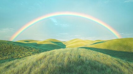 Canvas Print -   A rainbow painting in the sky above a green field with hills and trees in the foreground