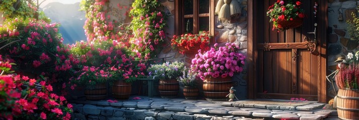 Poster - Vinca plant in a pot accompanied by scarecrows near a residence.