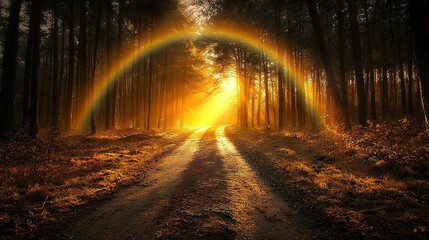 Poster -  Sunbeam in a forest, road, and rainbow amidst it