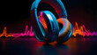 © Imdad - Headphones with glowing, rainbow-colored sound waves flowing outwards, positioned against a dark-to-light gradient background, hd