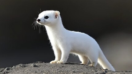 Poster -   A white ferret perched on a rocky peak gazes curiously at the camera