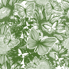 Wall Mural - Beautiful vintage green seamless pattern. Flowers and butterflies monochrome seamless background . hand drawing. Not AI, Vector illustration.