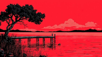 Sticker -   A red sky painting above water with a tree and dock