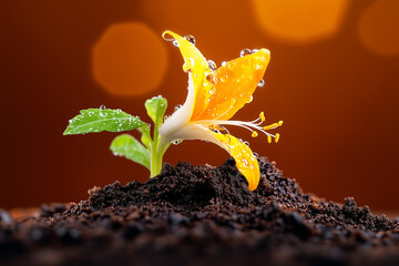 A small yellow flower is growing in the dirt. The flower is surrounded by water droplets, which gives it a fresh and lively appearance. Concept of growth and renewal