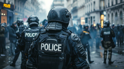 Wall Mural - Riot police officers in protective gear during an urban protest.