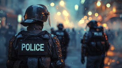 Wall Mural - Police officers in riot gear at an urban night protest