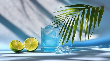 Poster -   A glass of water with a lime slice and a palm leaf on a blue background