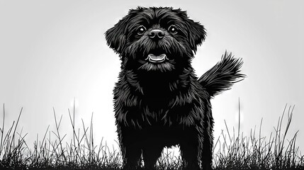 Sticker -   A monochromatic illustration portrays a dog positioned amidst a sea of green blades, its jaw opened wide as if expressing joy or excitement