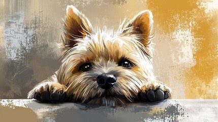 Poster -   A painting of a small dog resting its head on a table with its paw on the edge of the table