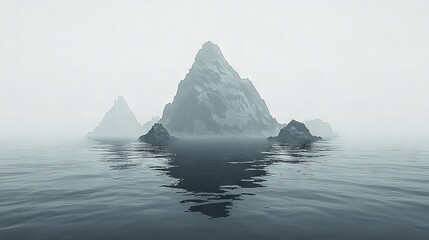 Poster -   An iceberg floating in the center of a misty lake during a hazy morning