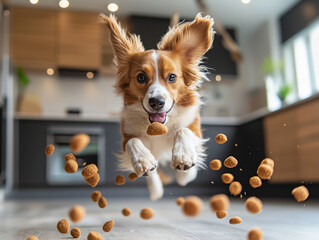 Dog jumps in excitement while catching treats in a modern kitchen during daylight