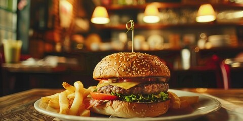 Sticker - Hamburger and French fries served on a plate