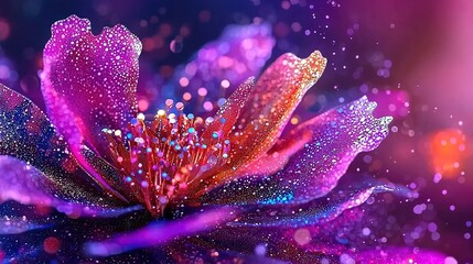 Sticker -   A close-up of a purple flower with droplets of water on its petals and in the background is blurry